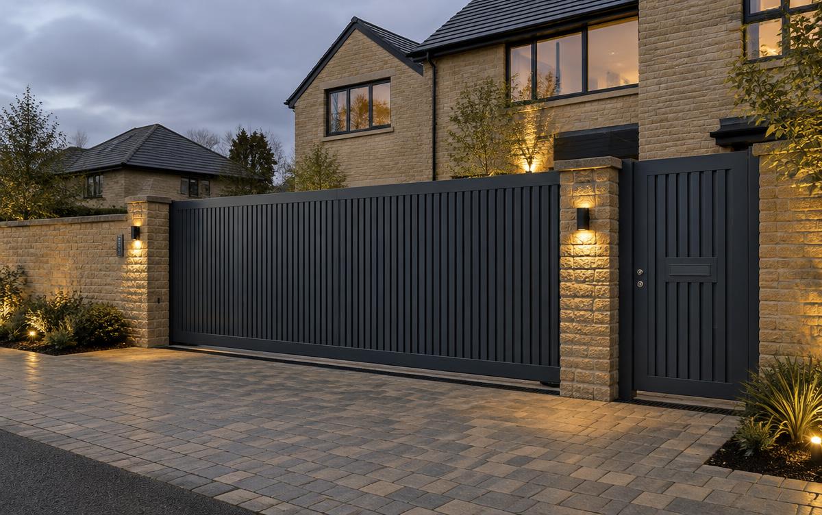 A modern UK home front drive with a charcoal aluminium sliding gate lit at dusk