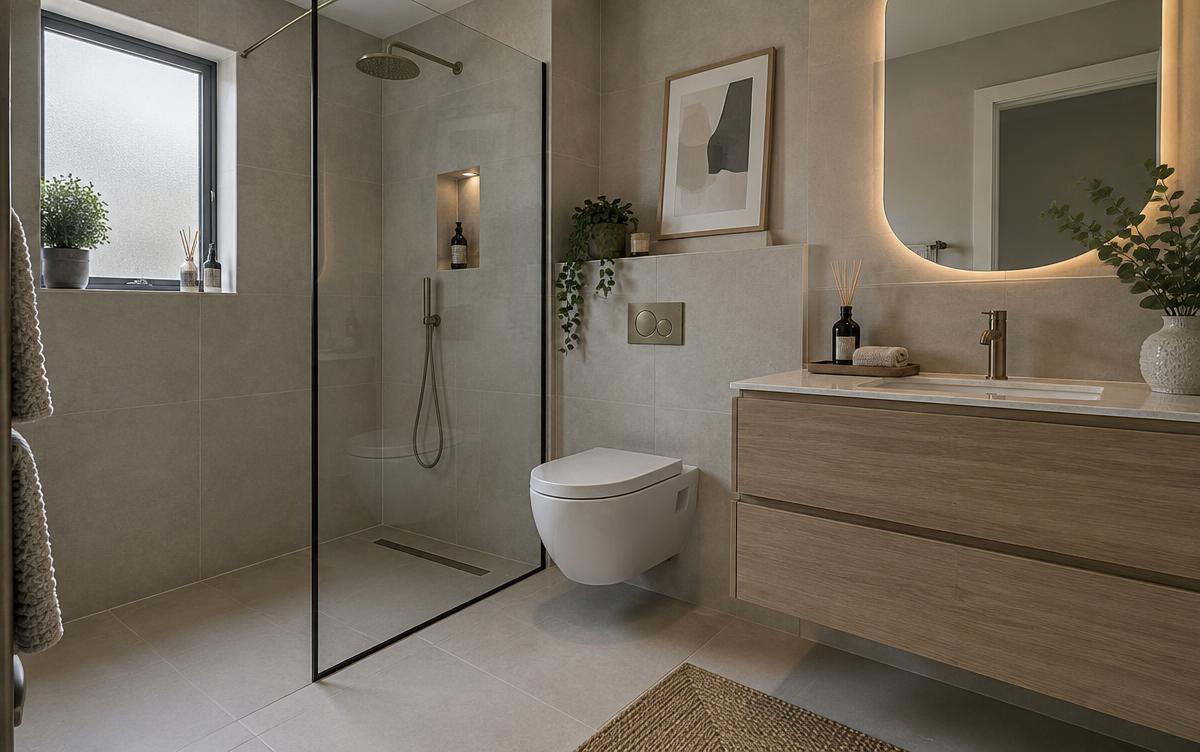 A recently completed modern UK bathroom with large format tiles and a wetroom